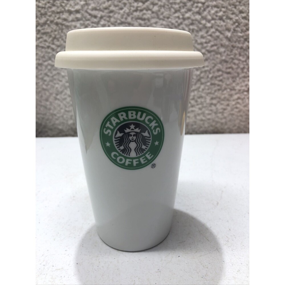 Starbucks Classic Latte Mug Coffee Cup with Lid Tall White Green 2010